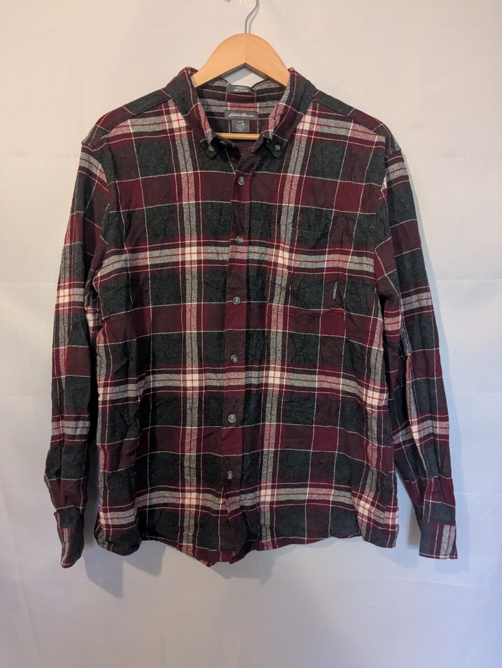 Eddie Bauer Classic Fit Plaid Flannel Shirt Burgundy Grey L